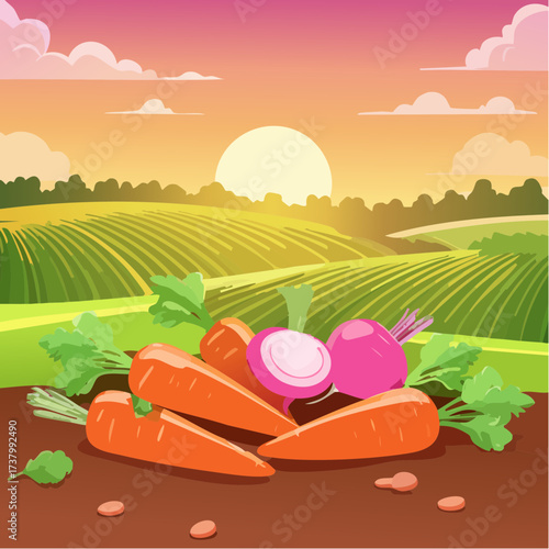 Freshly harvested carrots and radishes lying on rich soil at sunset in a field