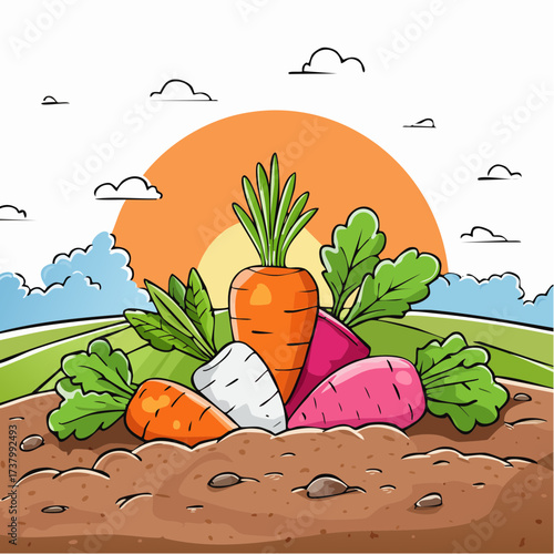 Freshly harvested carrots and radishes lying on rich soil at sunset in a field