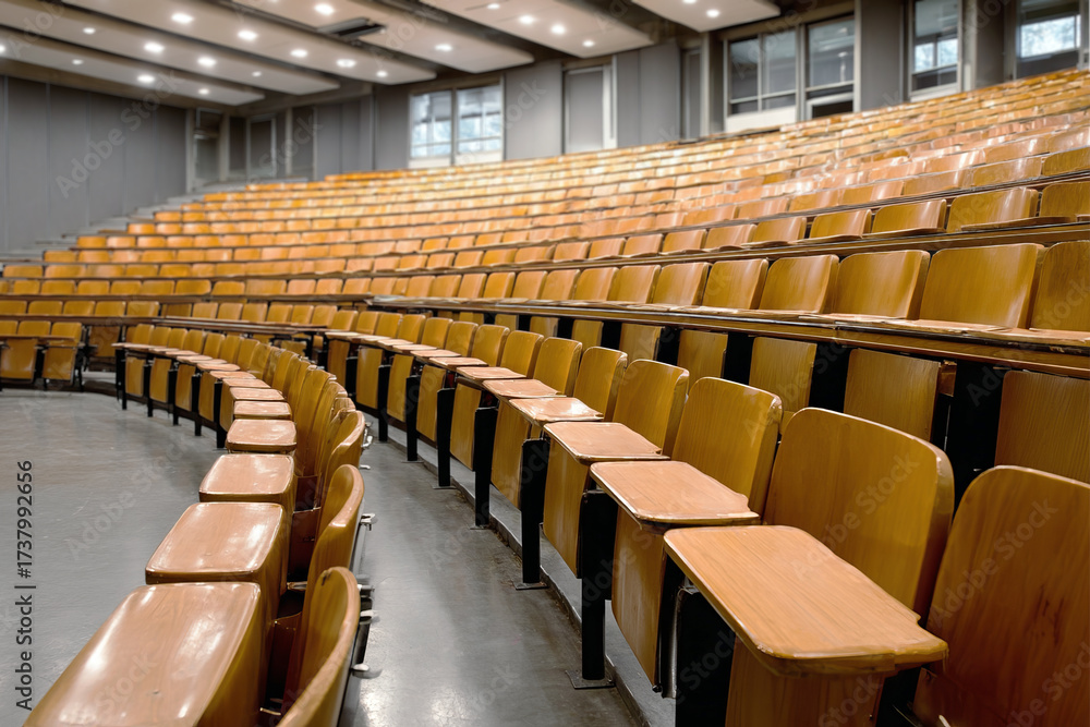 Naklejka premium Empty lecture hall with rows of wooden seats and foldable desks