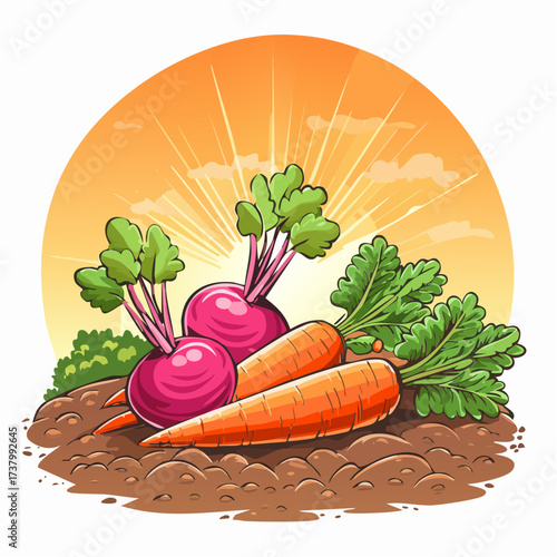 Freshly harvested carrots and radishes lying on rich soil at sunset in a field