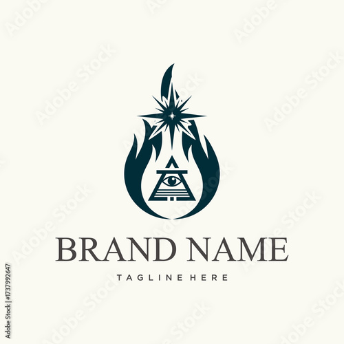 A mystical logo featuring an all-seeing eye within a triangle, surrounded by flames and a starburst.