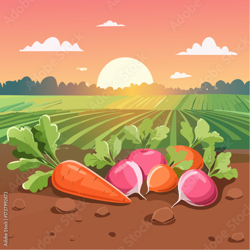 Freshly harvested carrots and radishes lying on rich soil at sunset in a field