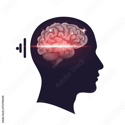 Conceptual illustration of brain stimulation showing a glowing brain inside a human head silhouette with an energy wave.