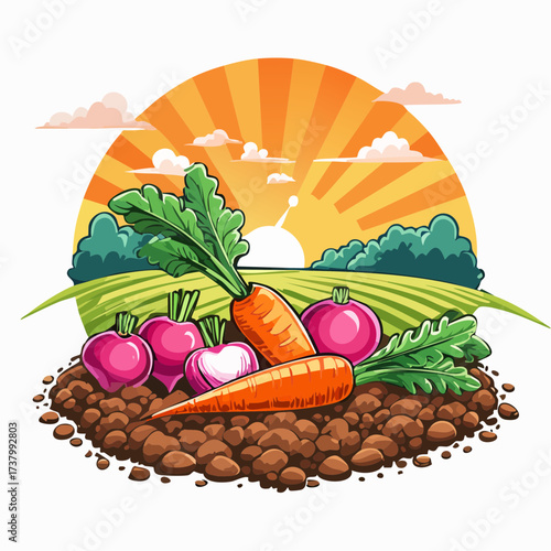 Freshly harvested carrots and radishes lying on rich soil at sunset in a field