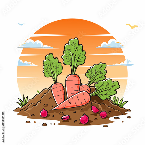 Freshly harvested carrots and radishes lying on rich soil at sunset in a field