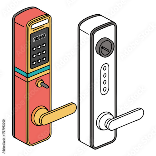 Two isometric smart door locks one colored one outline