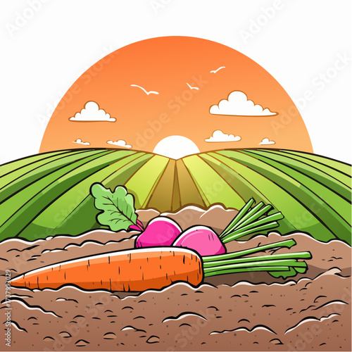 Freshly harvested carrots and radishes lying on rich soil at sunset in a field