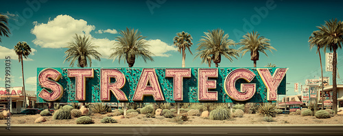 Strategy sign in desert oasis: Retro palm tree scenic display for travel and inspiration