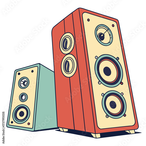 Two retro speakers with colorful design on white background