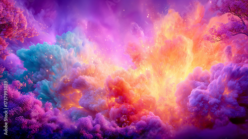 An abstract colorful background in shades of purple, yellow, blue, and pink, blending together to create a vibrant and dynamic visual effect.