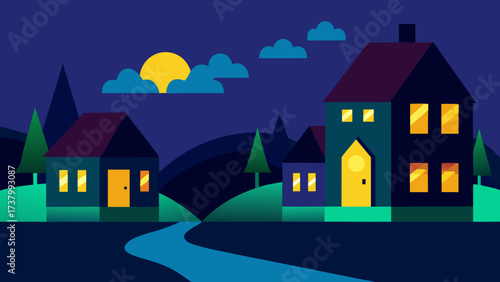 Illustration of houses at night with river