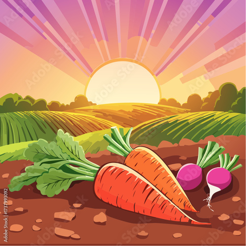 Freshly harvested carrots and radishes lying on rich soil at sunset in a field