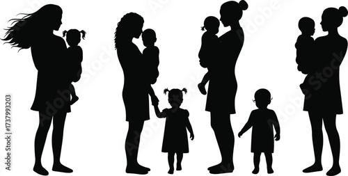 Silhouette of mothers with children in various poses — caregiving, maternal bonding, family love, parenting moments, and emotional connection vector.