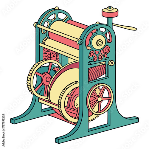 Vintage printing press machine with colorful gears and rollers