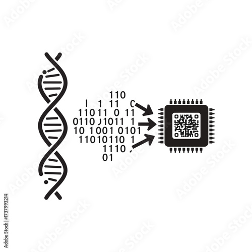 Conceptual illustration of DNA data storage, converting genetic information into binary code for a computer chip.