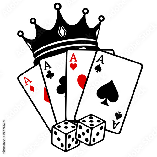 Four Aces Crown and Dice Vector Illustration, Gambling, Casino, Poker, Win, Luck