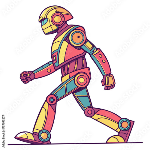 Walking humanoid robot in yellow red and teal machine