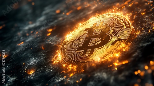 Burning bitcoin cryptocurrency symbol in fiery digital space