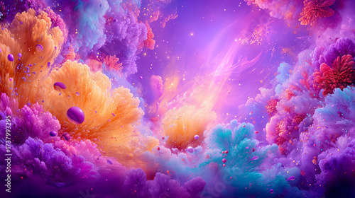 An abstract colorful background in shades of purple, yellow, blue, and pink, blending together to create a vibrant and dynamic visual effect.