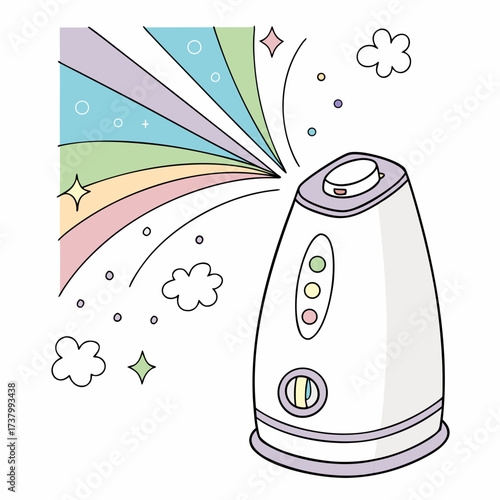 White air purifier emitting pastel rainbow light beams