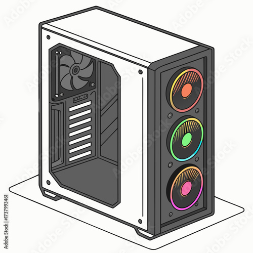 White computer tower with R G B fans and open side panel