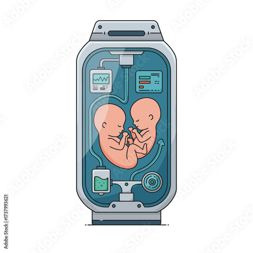 Illustration of twin fetuses developing inside a futuristic artificial womb or ectogenesis pod with life support.