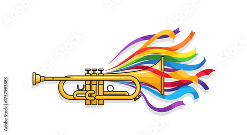 Vibrant orchestral expression with trumpet and flowing rainbow ribbons harmony
