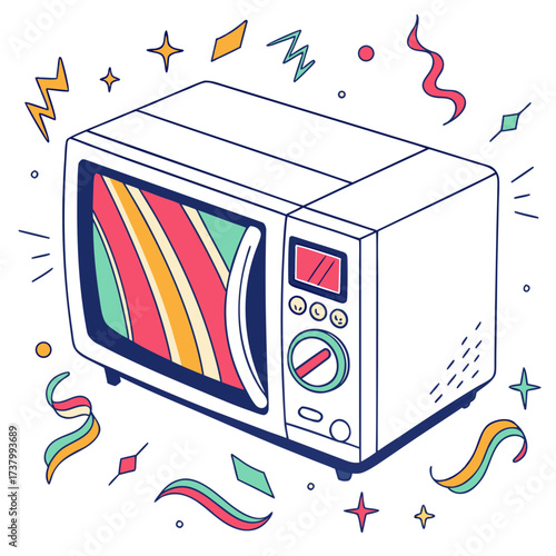 White microwave oven with colorful striped interior and festive elements