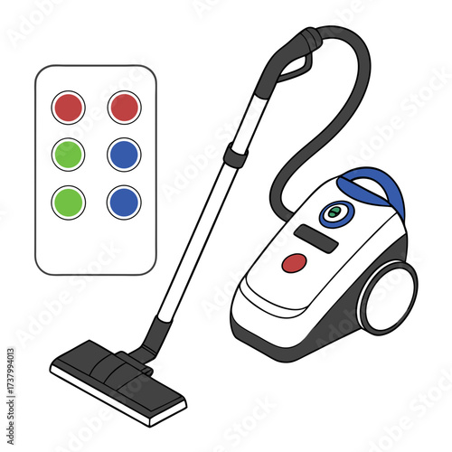 White vacuum cleaner with blue handle and red button and colorful buttons panel