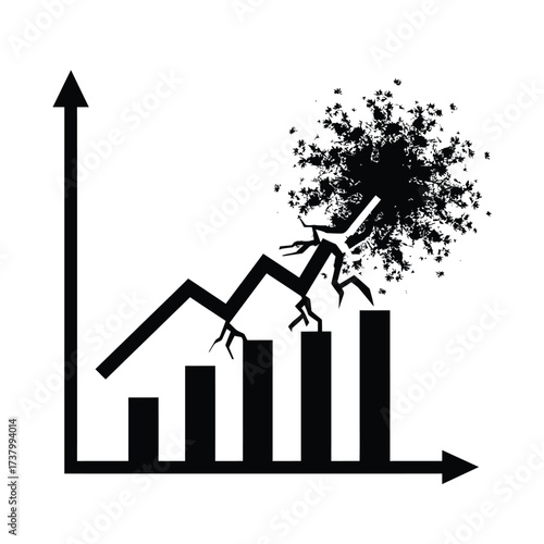 Conceptual illustration of a financial crisis, showing a rising bar chart with a trend line cracking and exploding at its peak.