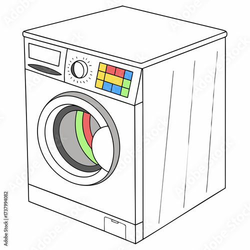 White washing machine with colorful display and clothes