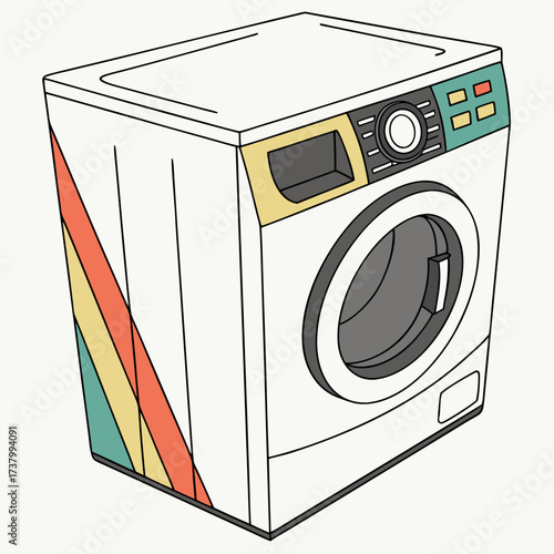 White washing machine with colorful geometric side panel