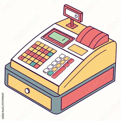 Yellow and coral cash register with green display vintage cash register
