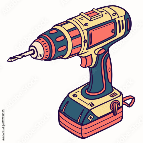 Yellow and coral cordless drill with blue accents power tool