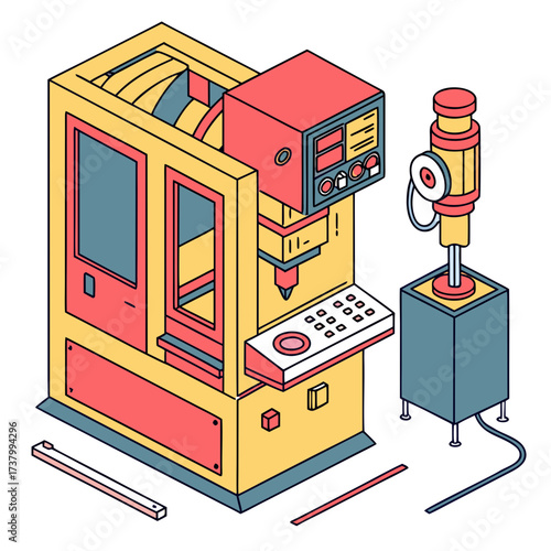 Yellow and coral industrial machine with blue accents