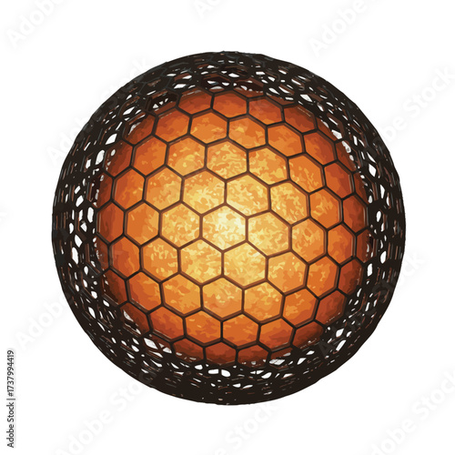 A glowing orange sphere with a hexagonal honeycomb pattern, enclosed within a dark, intricate lattice shell, isolated on a white background.