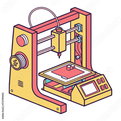 Yellow and pink 3d printer isometric illustration additive manufacturing