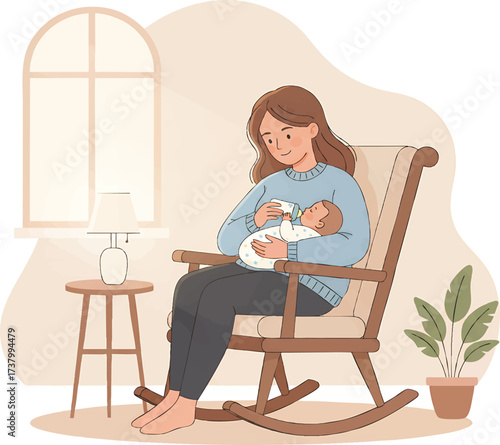 Mother lovingly breastfeeding her newborn baby in a cozy nursery, creating a tender and intimate moment of bonding and care.