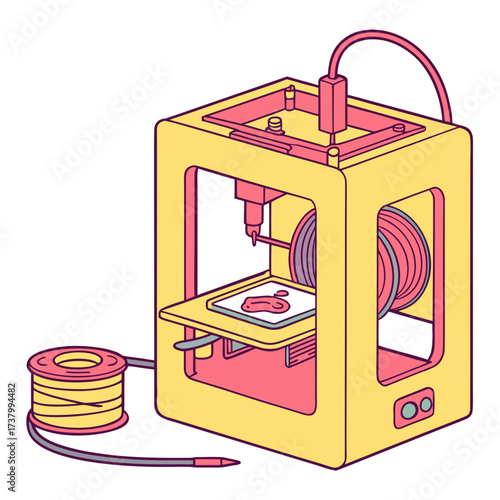 Yellow and pink 3d printer with filament spool additive manufacturing
