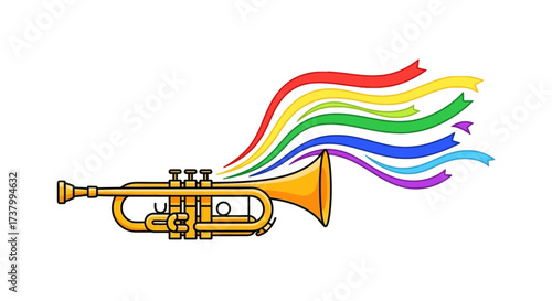 Trumpet of diversity vibrant musicality rainbow colors emanating from the brass instrument