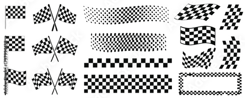 Racing stripes set, checkered patterns and flag, start and finish line, motocross labels, dynamic lines, motorsport, racing stripe speed, sport decals, automotive tuning stickers - vector
