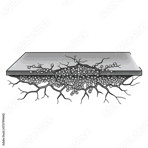 A scientific illustration depicting material degradation, showing internal expansion causing surface cracking and structural failure.