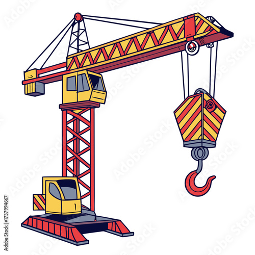 Yellow and red construction crane with hook equipment