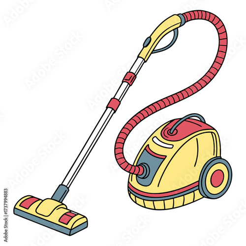Yellow and red vacuum cleaner with blue accents cleaning