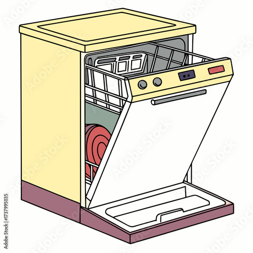 Yellow dishwasher with open door and red plates kitchen appliance
