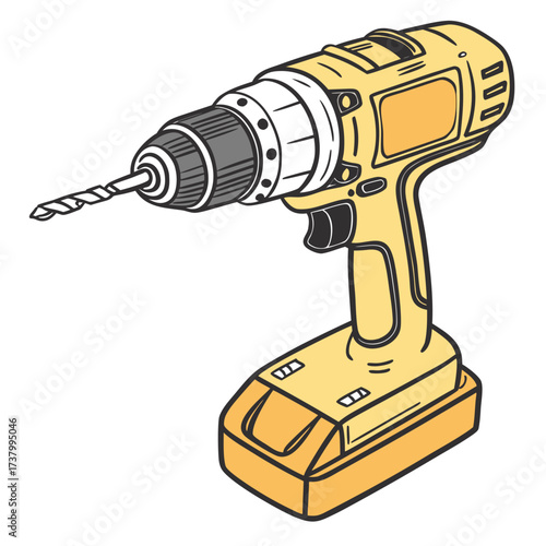 Yellow cordless drill with drill bit drilling machine