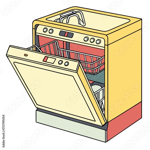 Yellow dishwasher with open door and racks kitchen appliance