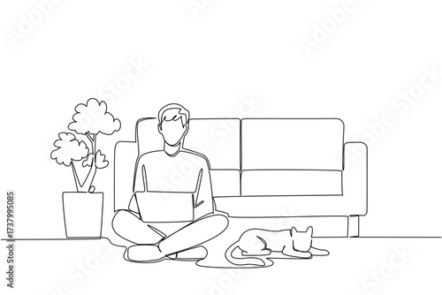 Single one line drawing man sitting cross legged on the floor with laptop on lap and cat lying down. Creating a tax invoice. National Work From Home Day. Continuous line design graphic illustration