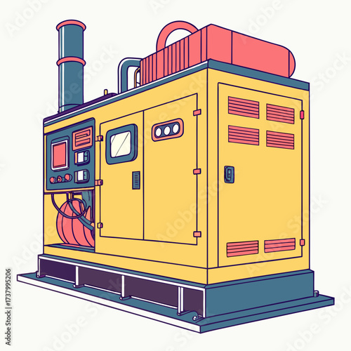 Yellow industrial generator with blue and coral accents