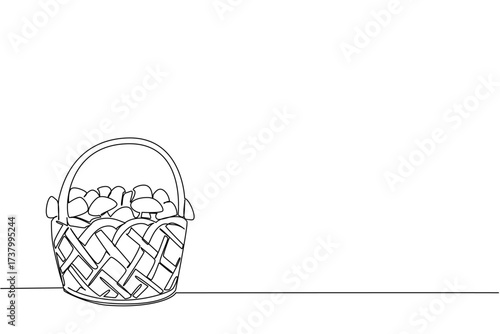 Single continuous line drawing rattan basket filled with mushrooms. The result of good cultivation efforts. A satisfying harvest. National Mushroom Hunting Day. One line design vector illustration
